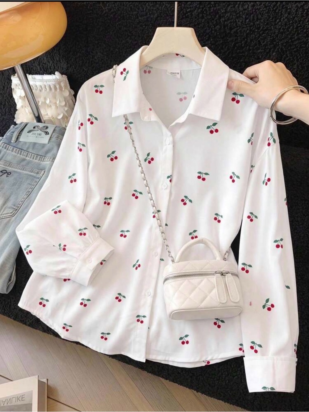 SHEIN White Cherry-Print Button Down Shirt